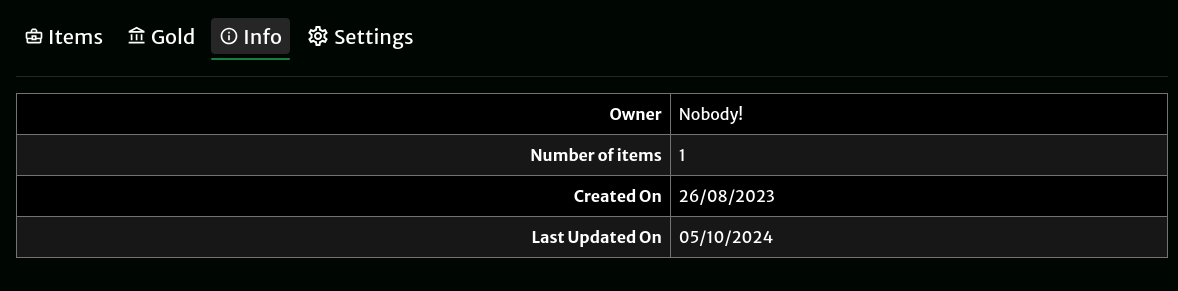 An example bag info tab, showing a table with the following information: Owner: Nobody!, number of items: 1, created on: 26/08/2023, last updated: 05/10/2024