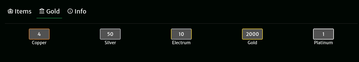 An example treasuries showing the input page, with textboxes for copper, silver, gold, electrum, and platinum.